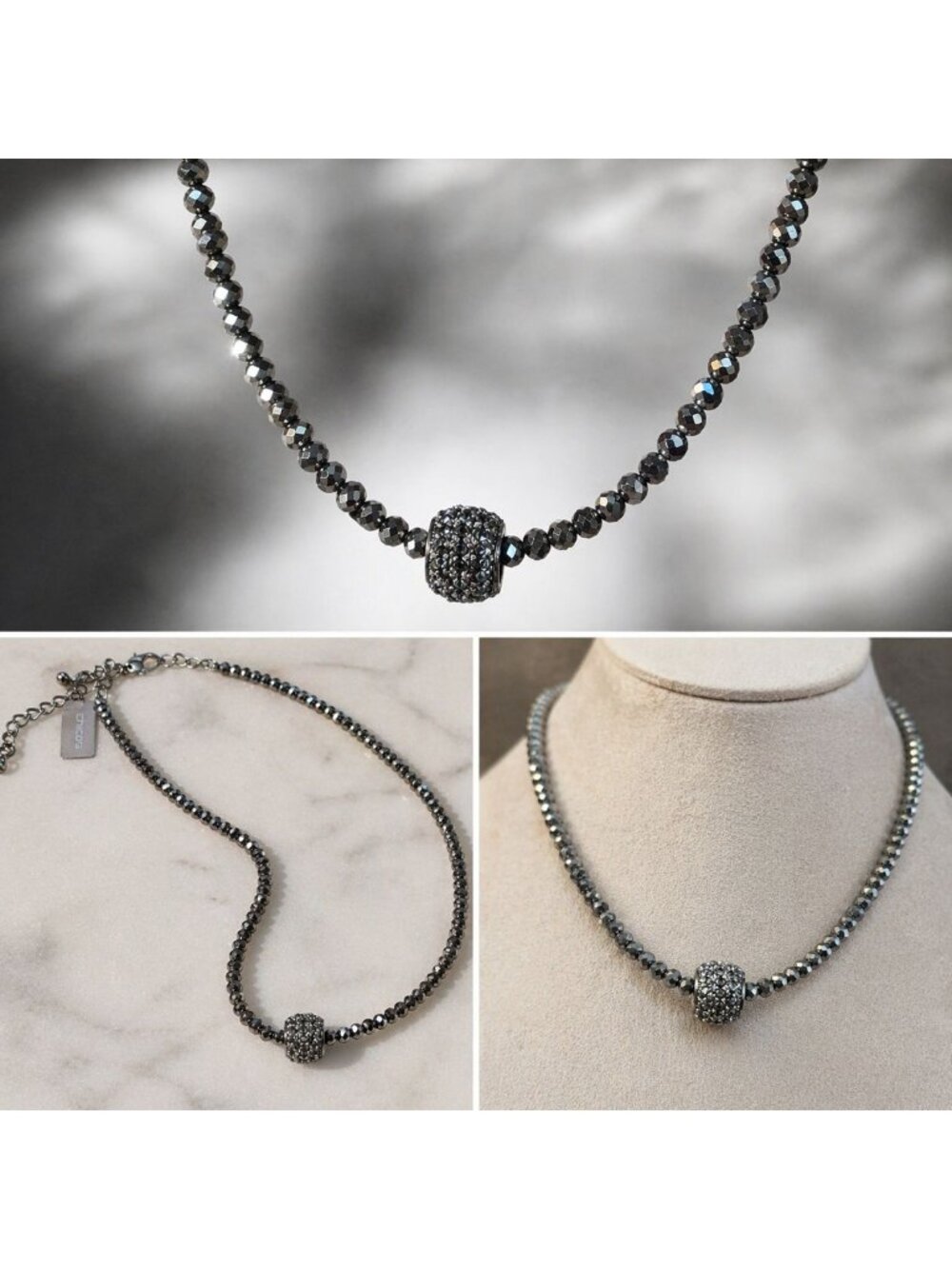 Vintage Chico's Hematite Bead Necklace Crystal Spinner Pendant‎ Y2K Jewelry
